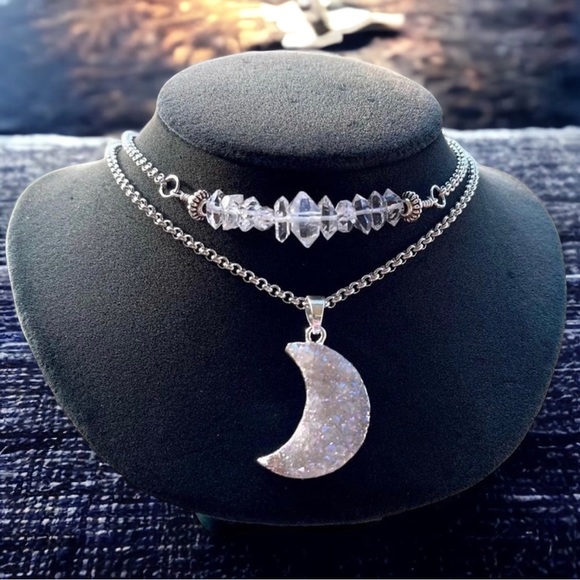 Crystal moon necklace . Genuine herkimers diamonds druzy quartz silver moon π - Picture 5 of 14